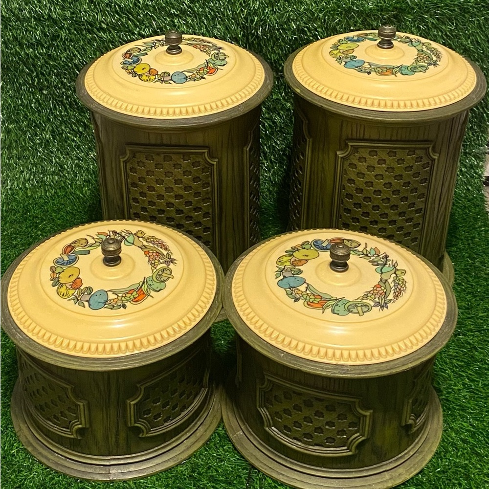 4pc vintage Vistron kitchen canisters with mushrooms/food on lid woodland theme